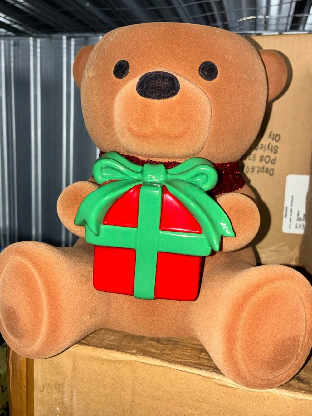 Fuzzy bear w/ Christmas present 3 wick candle holder